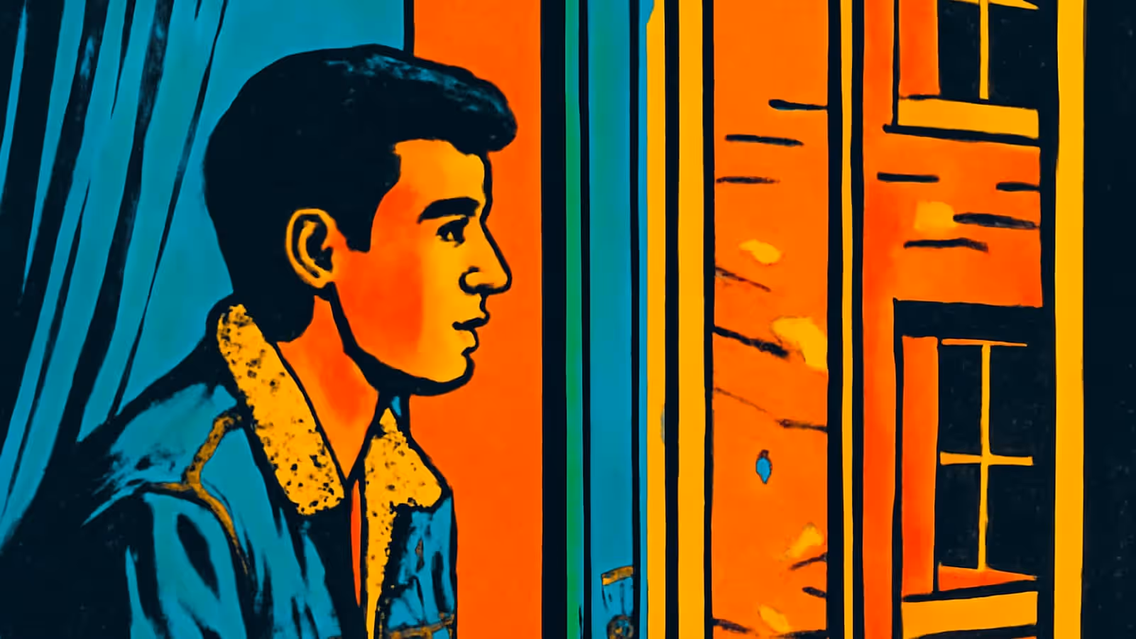 Pop-art illustration of a person in profile beside a window, looking out towards a building opposite with a still expression.