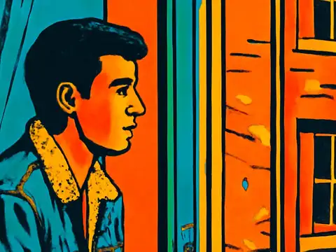 Pop-art illustration of a person in profile beside a window, looking out towards a building opposite with a still expression.