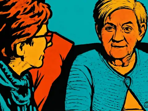 Pop-art illustration of two older people sitting close together, one turned in profile toward the other, who is looking ahead.