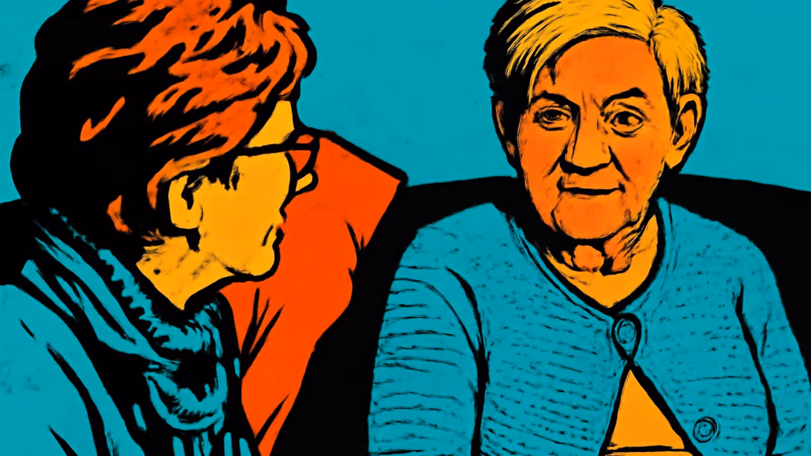 Pop-art illustration of two older people sitting close together, one turned in profile toward the other, who is looking ahead.