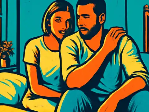 Flat pop-art illustration in teal, orange and yellow. Two people sit on the edge of a bed in a bedroom, one resting a hand on the shoulder of the other and leaning towards them, both looking away from the camera.