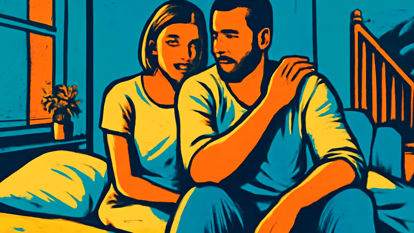 Flat pop-art illustration in teal, orange and yellow. Two people sit on the edge of a bed in a bedroom, one resting a hand on the shoulder of the other and leaning towards them, both looking away from the camera.