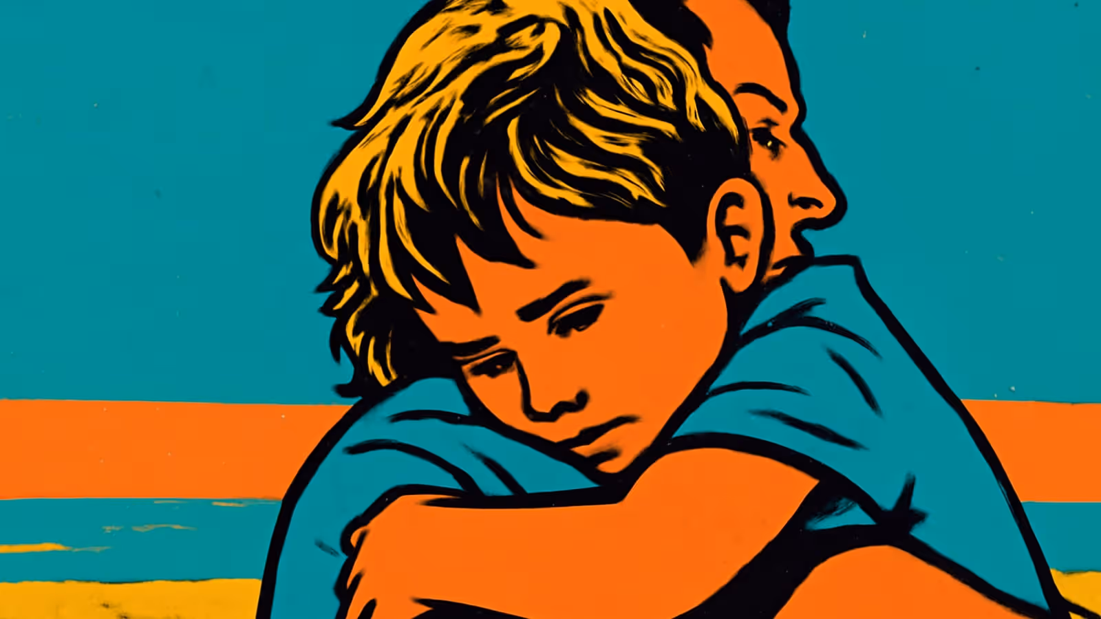 Ilustración de pop-art de un niño pequeño con cabello claro siendo sostenido sobre el hombro de un adulto, mirando hacia abajo, contra un fondo en tonos verde azulado y naranja.