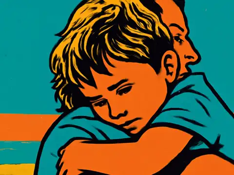 Pop-art illustration of a young child with fair hair being held over an adult’s shoulder, looking down, against a teal and orange background.