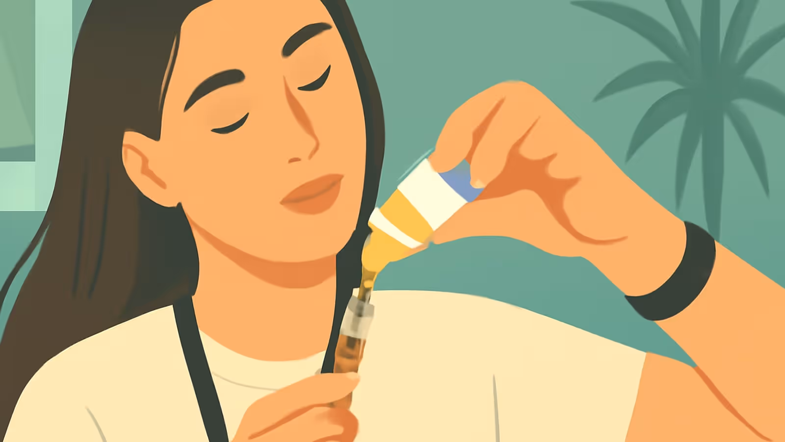 Flat vector illustration of a woman with long dark hair and closed eyes in a cream top, with a hand tipping a small bottle so that amber liquid runs into a clear tube, against a green wall and a palm plant.