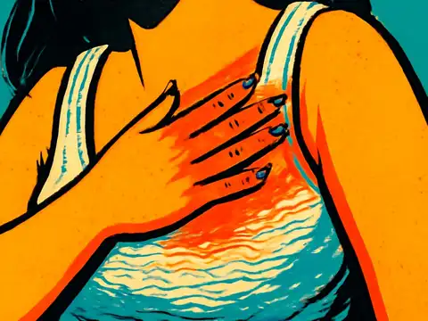 Pop-art illustration of a hand pressed flat to the chest, seen close up.