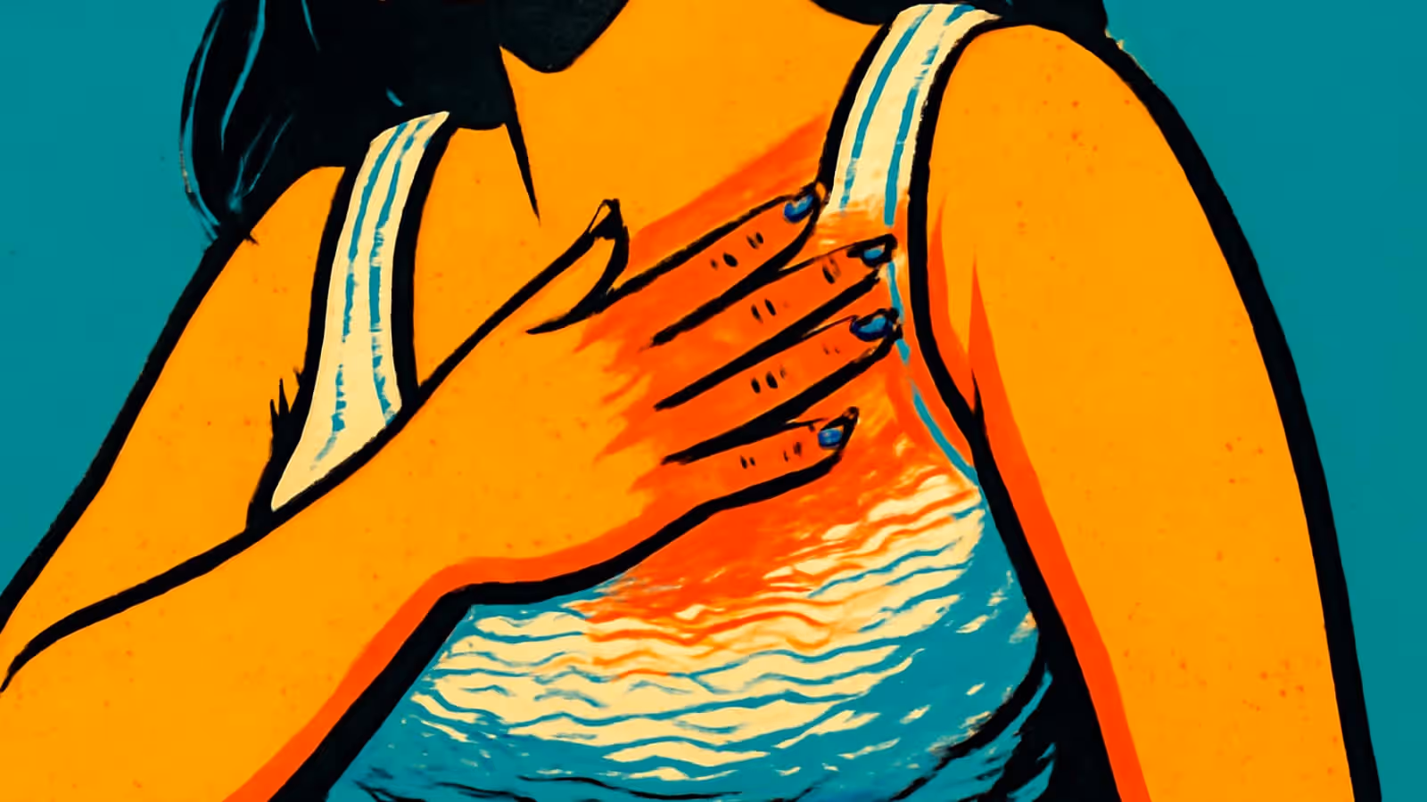 Illustration pop-art d'une main pressée à plat sur la poitrine, vue de près.