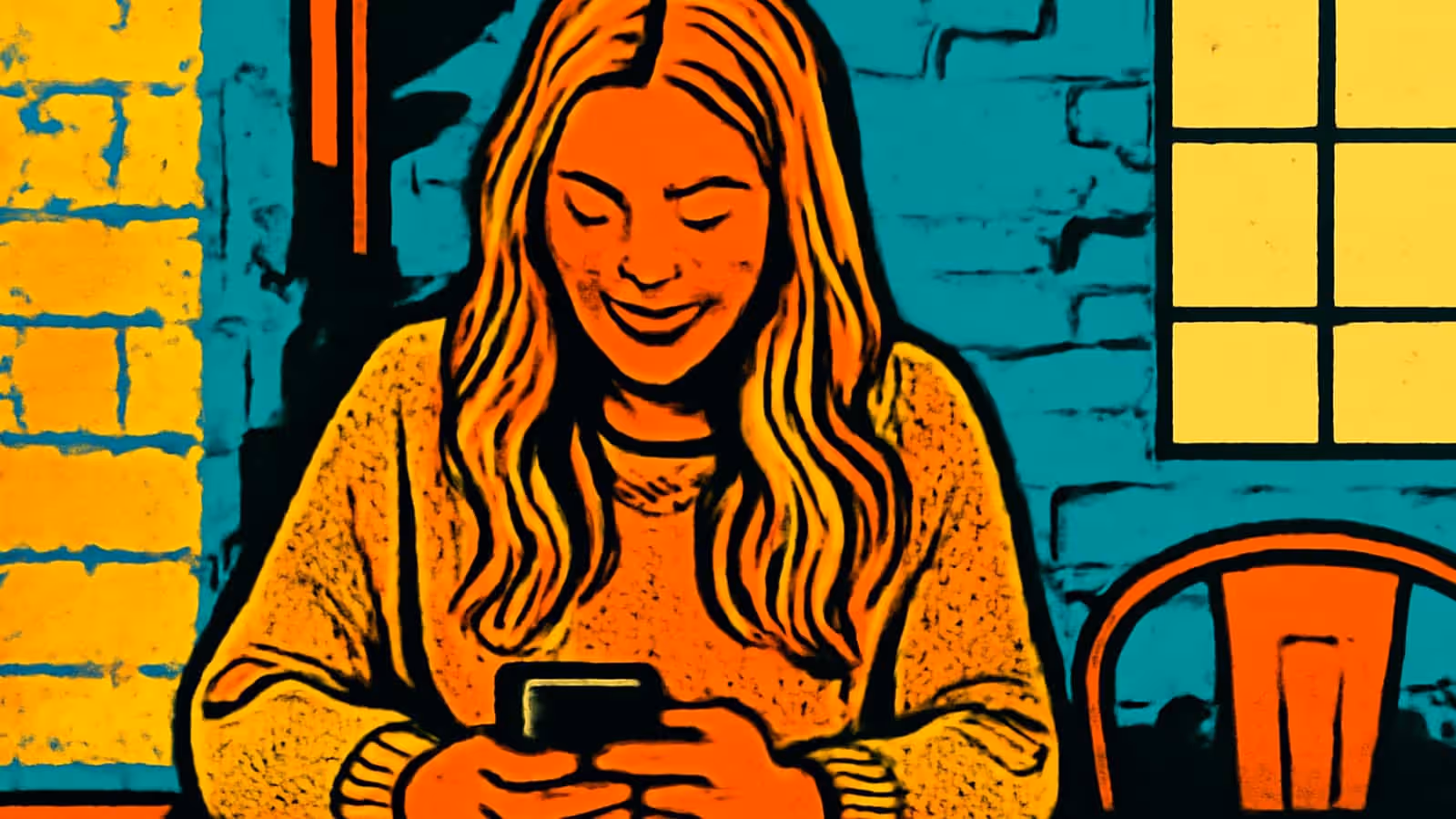 Pop-art illustration of a person with long hair looking down at a phone held in both hands, an empty chair beside them.