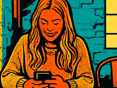 Pop-art illustration of a person with long hair looking down at a phone held in both hands, an empty chair beside them.