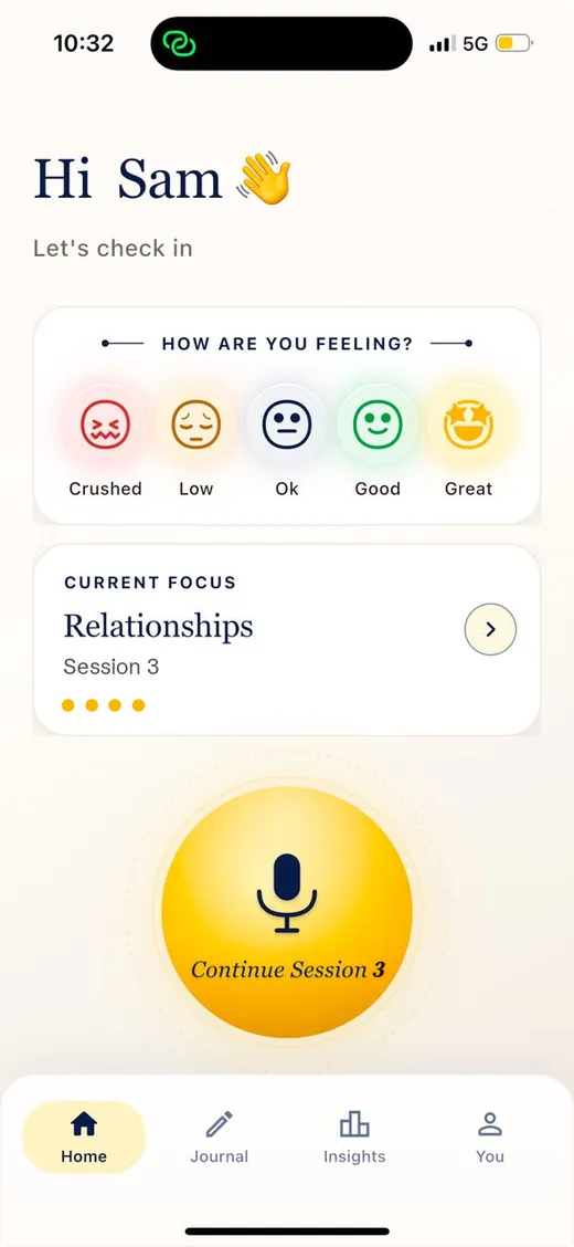 MyFreud app home screen: daily mood check-in and a guided session