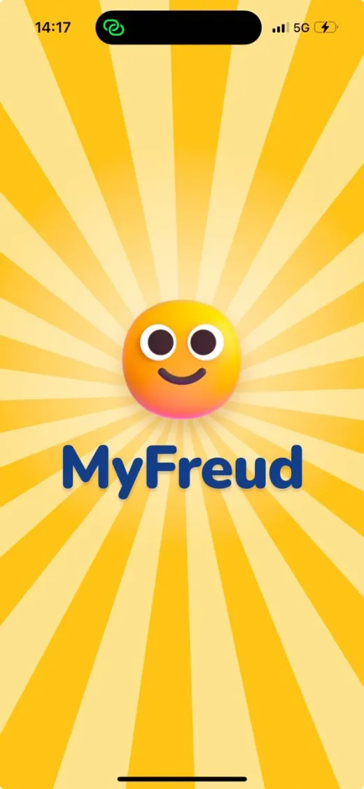 MyFreud app splash: the smiley logo on a yellow sunburst