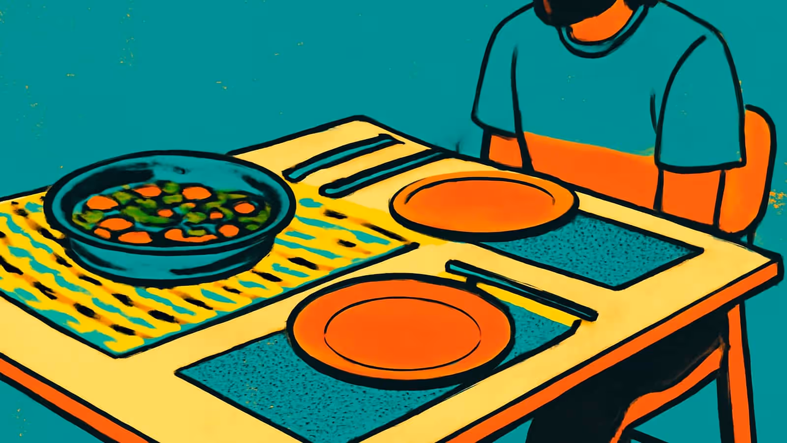 Pop-art illustration of a person seated at a laid table, shown from the chin down, with two empty plates and a serving bowl in front of them.