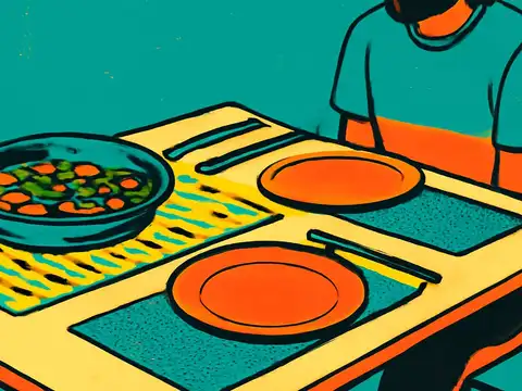 Pop-art illustration of a person seated at a laid table, shown from the chin down, with two empty plates and a serving bowl in front of them.