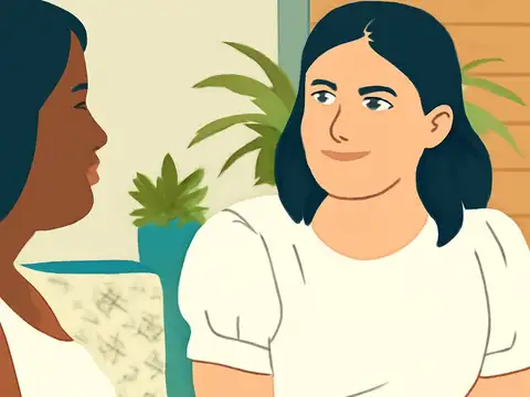 Flat vector illustration of two women facing each other in conversation, one in a white short-sleeved top looking at the other, with green plants and a wooden wall behind them.