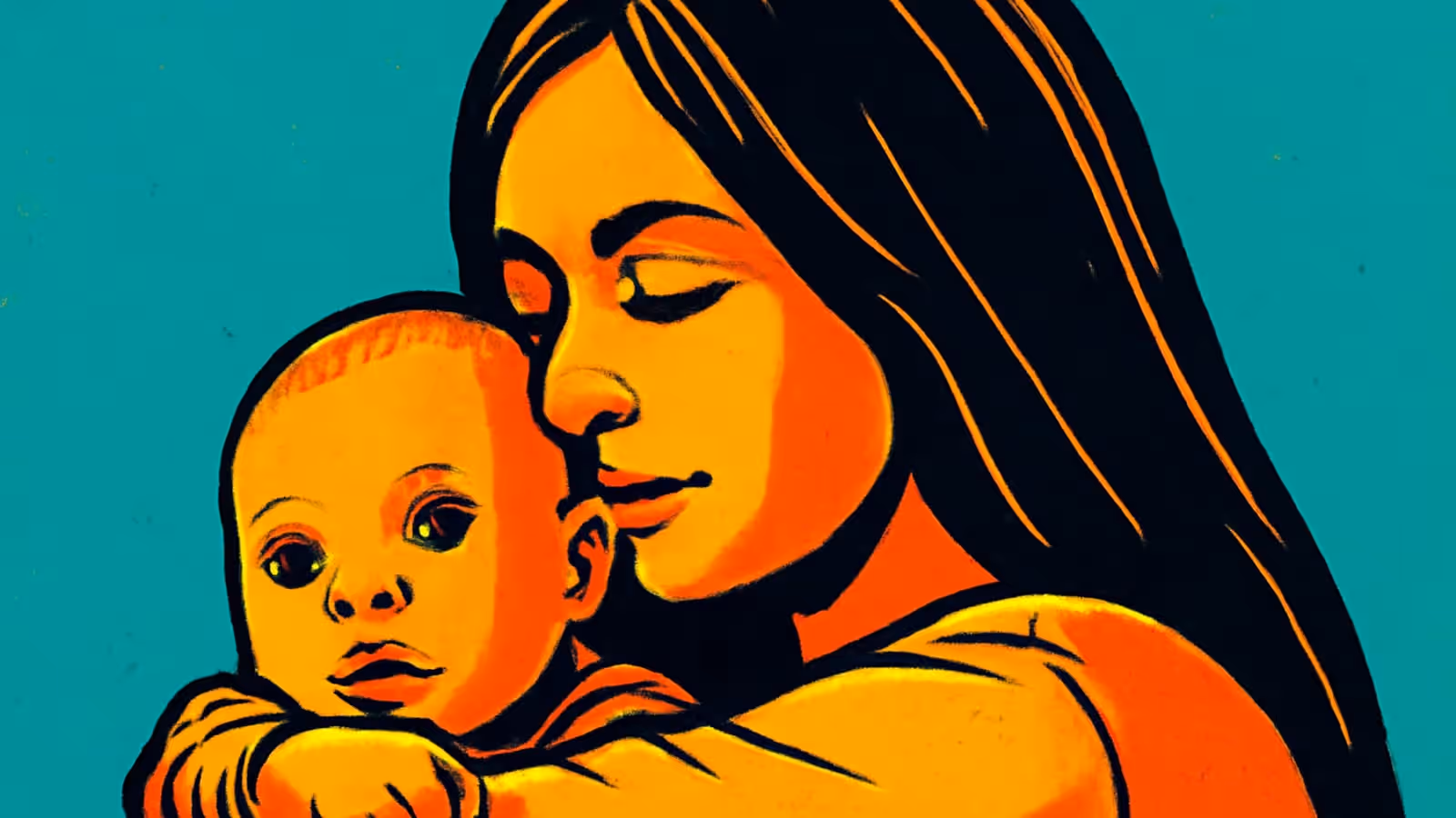 Pop-art illustration of a woman holding a baby against her shoulder, her eyes closed and her cheek resting against the child.