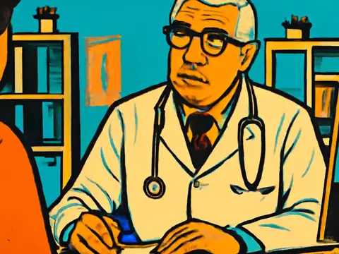 Pop-art illustration of a doctor in a white coat with a stethoscope sitting at a desk, looking towards a person seen from behind in the foreground.