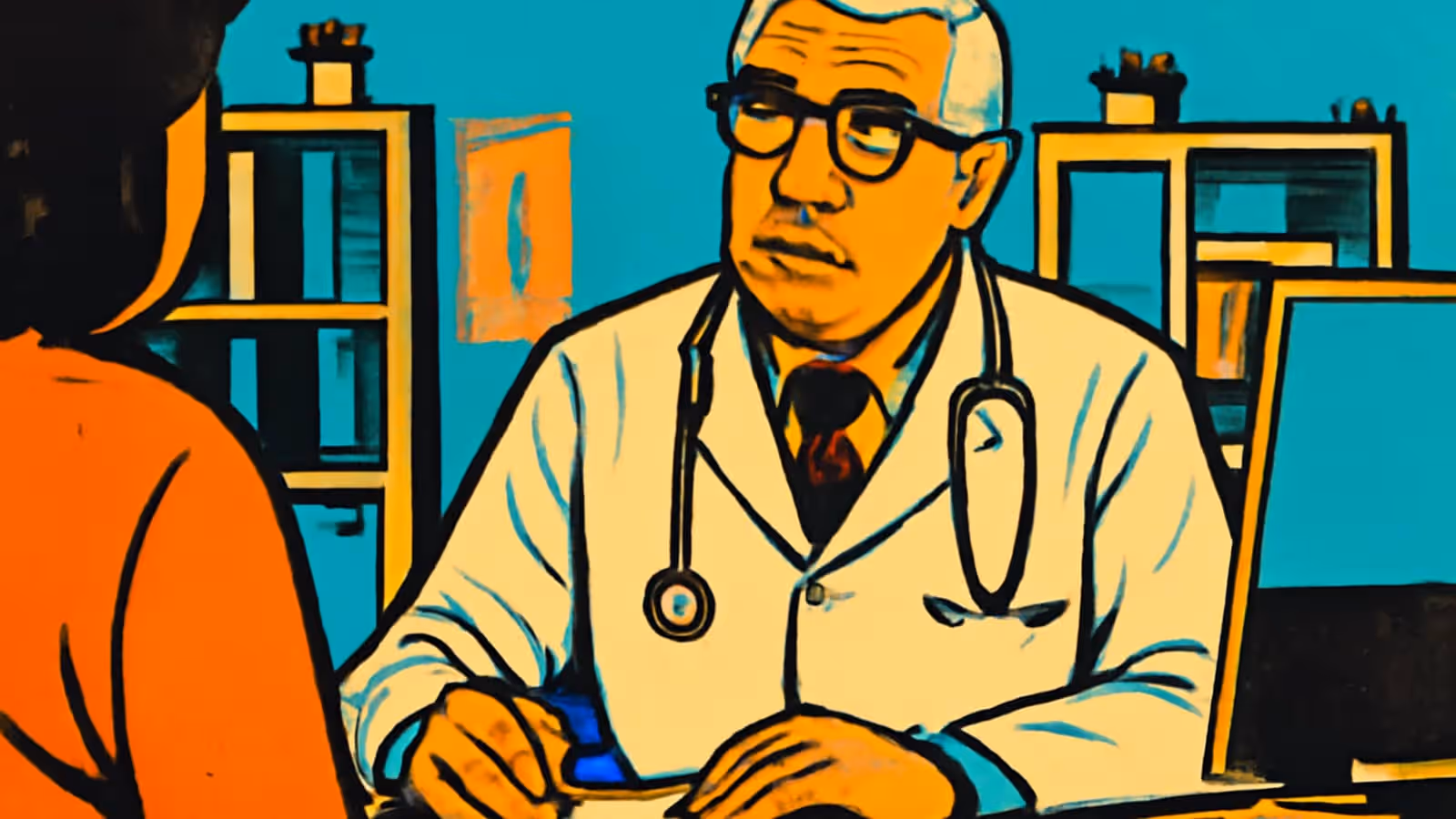 Pop-art illustration of a doctor in a white coat with a stethoscope sitting at a desk, looking towards a person seen from behind in the foreground.