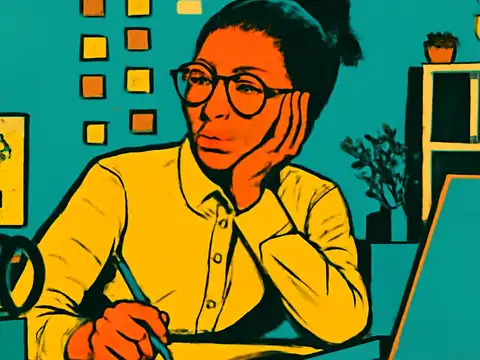 Flat pop-art illustration in teal, orange and yellow. A person in round glasses rests their chin on one hand at a desk, holding a pen, with a laptop beside them and a grid of small square notes on the wall behind.