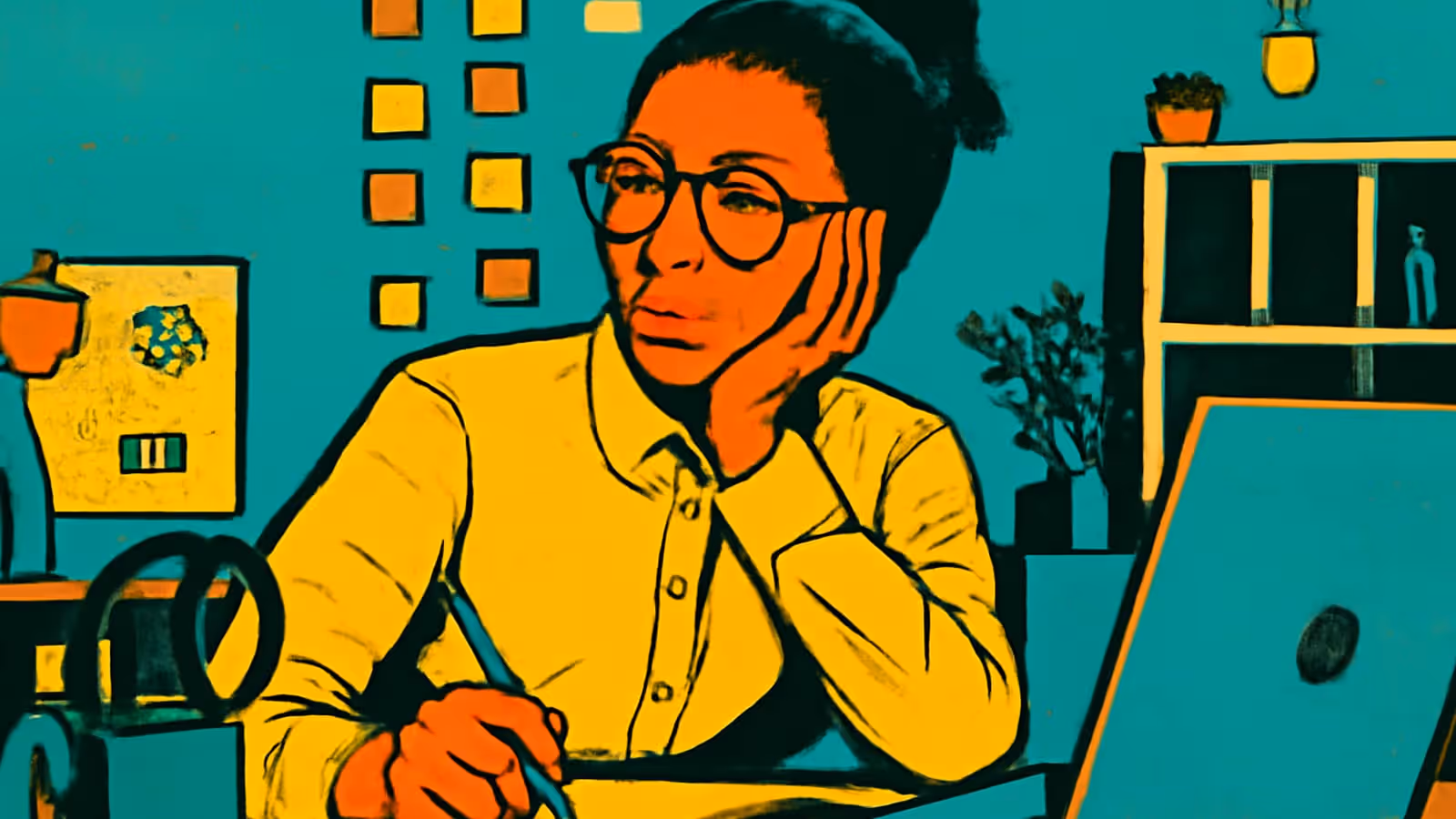 Flat pop-art illustration in teal, orange and yellow. A person in round glasses rests their chin on one hand at a desk, holding a pen, with a laptop beside them and a grid of small square notes on the wall behind.