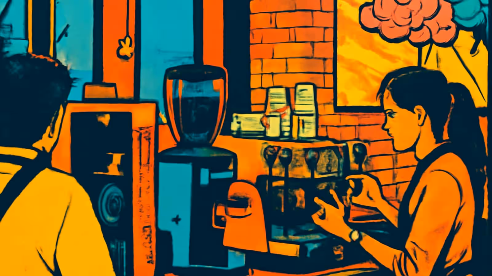 Pop-art illustration of a woman standing at a coffee shop counter seen in profile, with another customer in the foreground.
