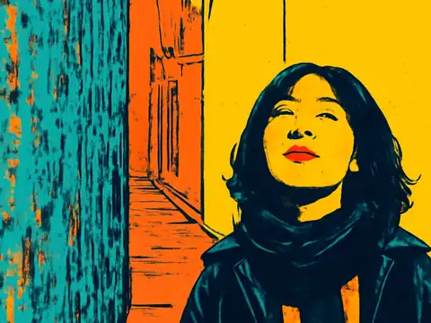 Pop-art illustration of a woman in a dark coat and scarf, standing in a narrow alley, looking upward with her eyes closed.