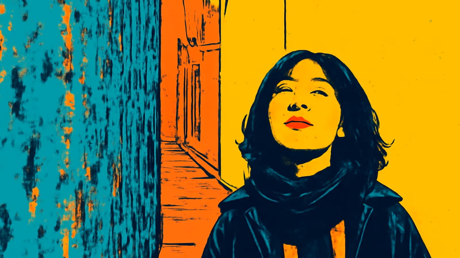 Pop-art illustration of a woman in a dark coat and scarf, standing in a narrow alley, looking upward with her eyes closed.