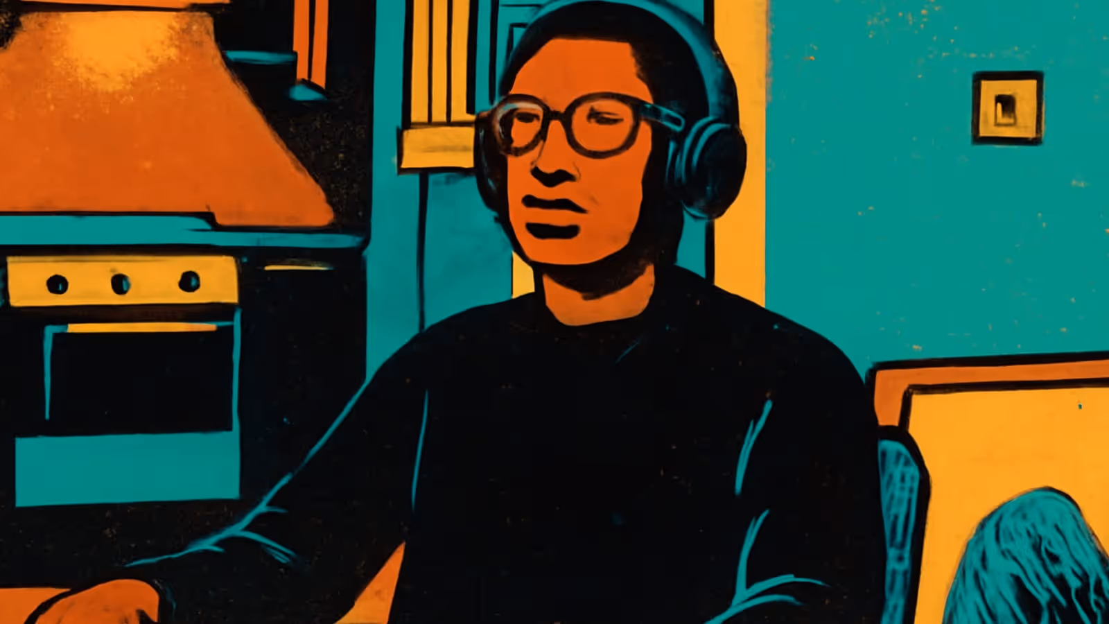Pop-art illustration of a man in glasses and over-ear headphones sitting at a kitchen table, looking away from another person nearby.
