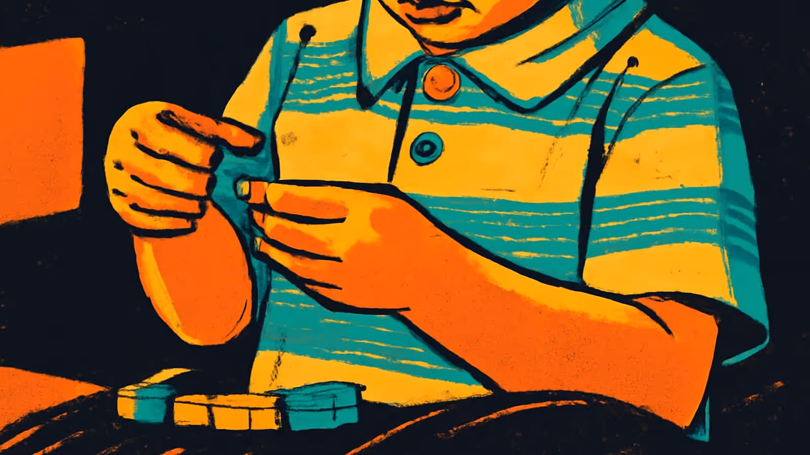 Pop-art illustration of a young child in a striped polo shirt holding small building blocks, in orange and teal.