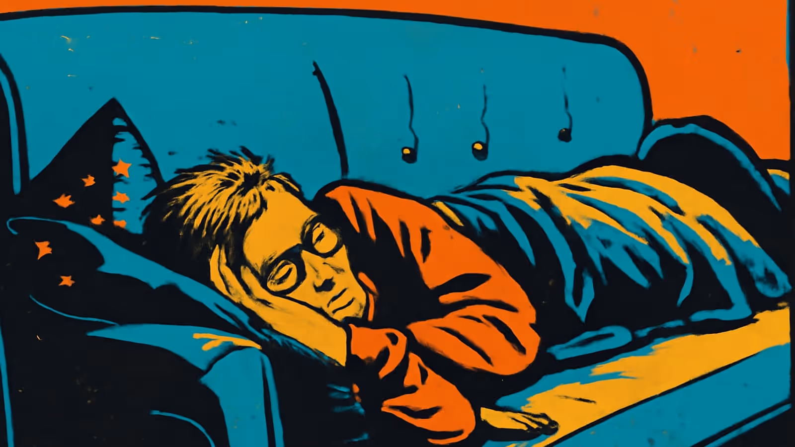A person in glasses lying on their side on a sofa under a blanket with their eyes closed, rendered as a flat orange, teal and yellow illustration.