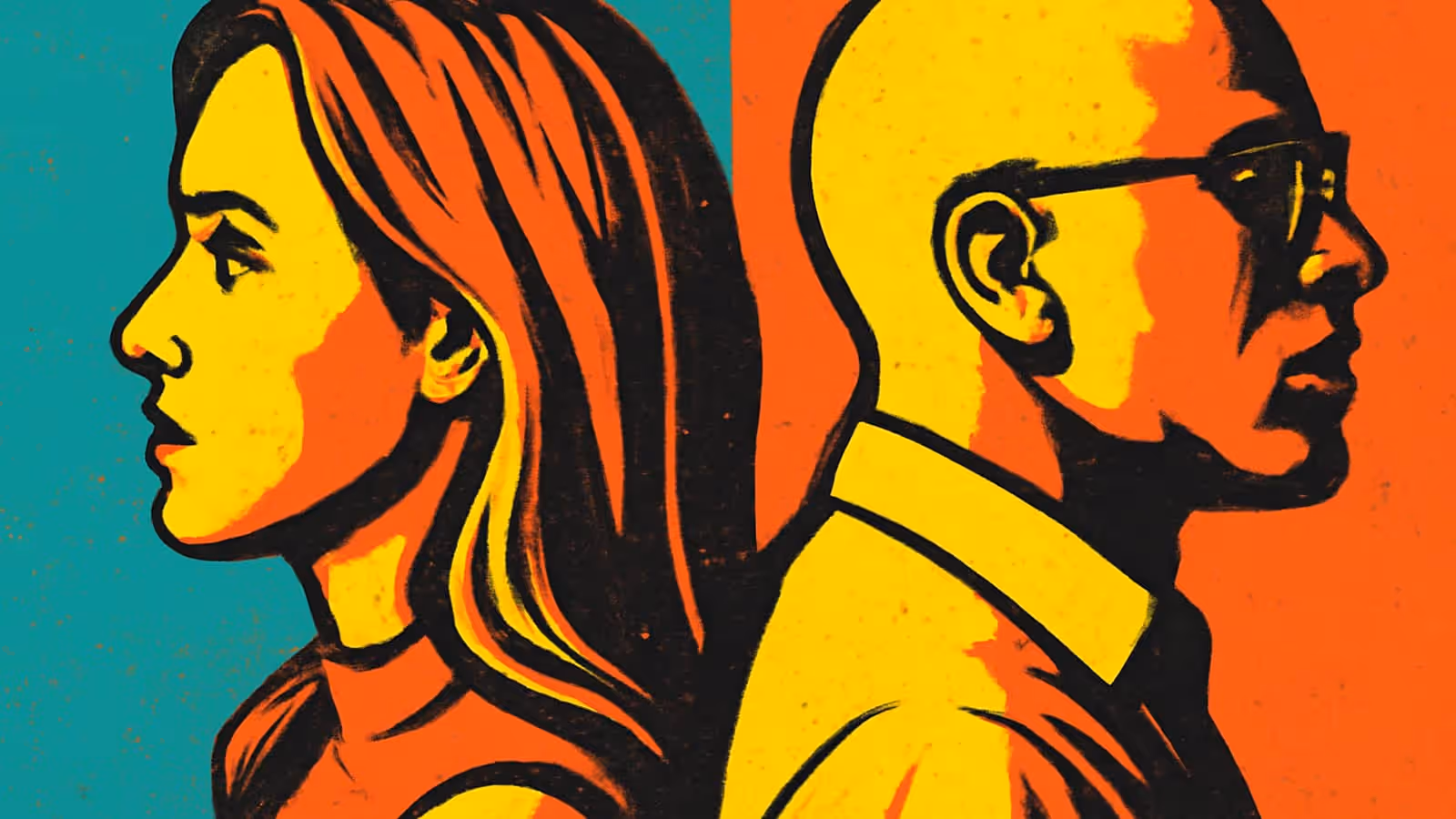 Pop-art illustration of two people standing back to back in profile, facing opposite directions, against teal and orange panels.