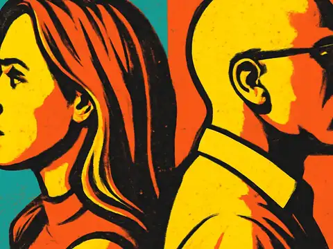 Pop-art illustration of two people standing back to back in profile, facing opposite directions, against teal and orange panels.