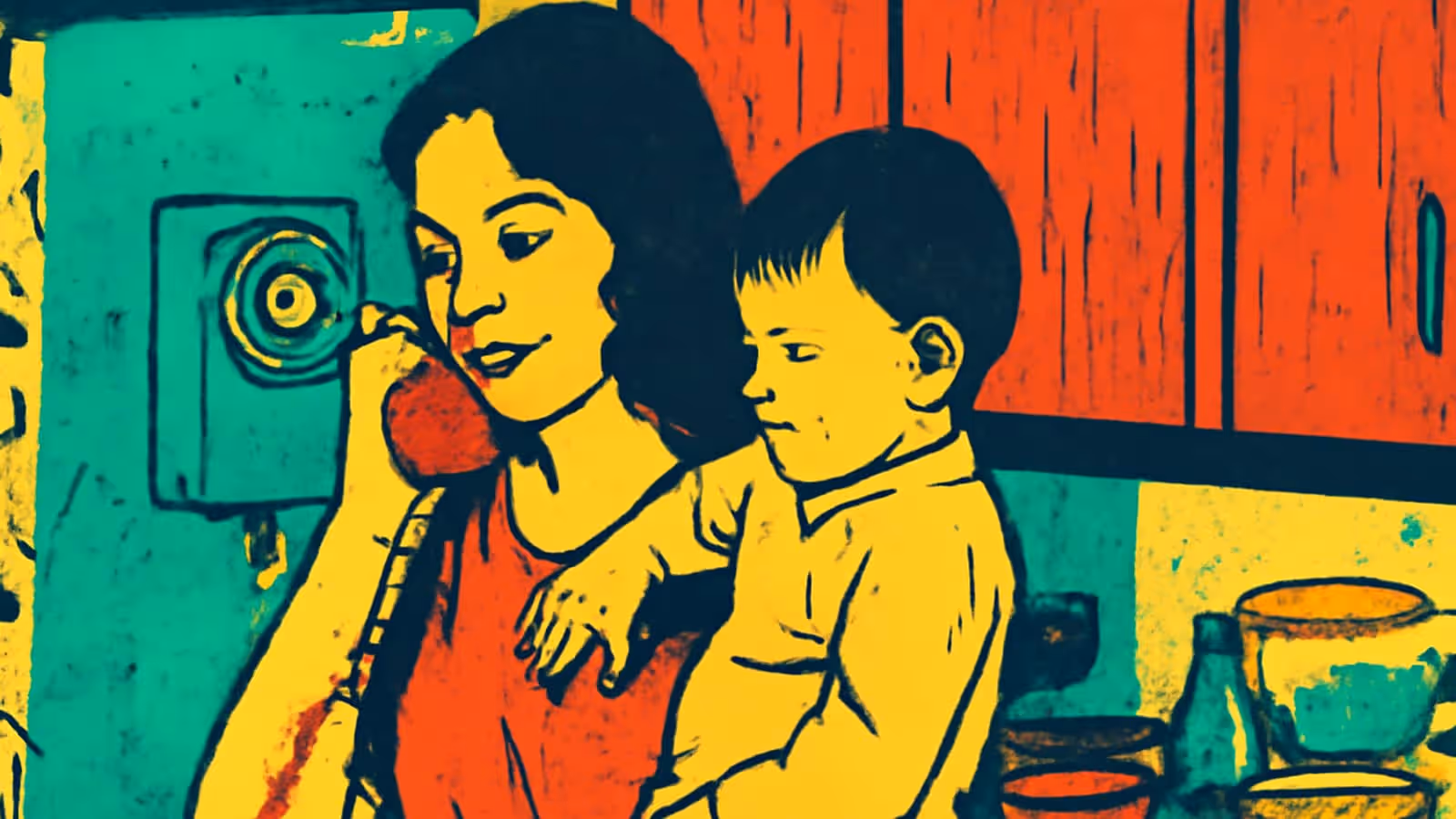 A woman holds a corded phone to her ear while a young child leans against her shoulder in a kitchen, rendered as a flat turquoise, orange and yellow illustration.