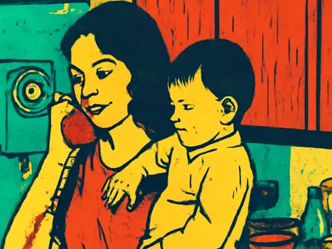 A woman holds a corded phone to her ear while a young child leans against her shoulder in a kitchen, rendered as a flat turquoise, orange and yellow illustration.