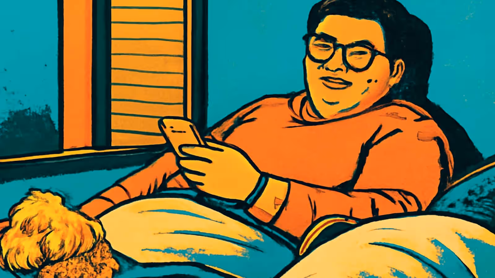 A flat illustration of a person in an orange jumper propped up in bed holding a phone, with a window and half-closed blinds behind them.