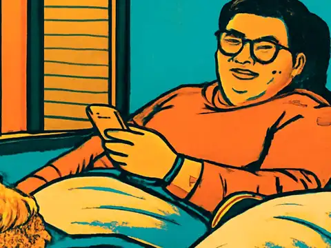 A flat illustration of a person in an orange jumper propped up in bed holding a phone, with a window and half-closed blinds behind them.