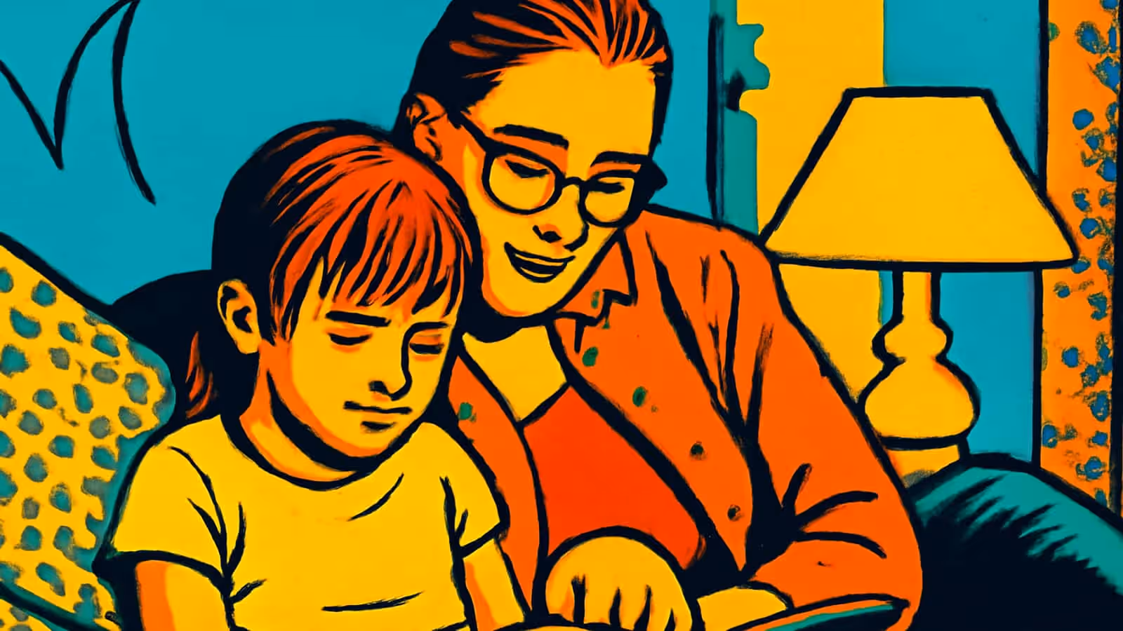 Ilustración de pop-art de una madre y una hija leyendo juntas en la cama, con una lámpara iluminando a su lado.