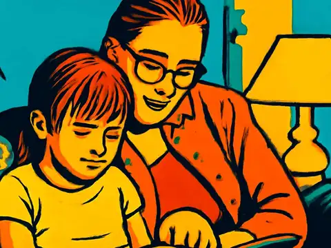 Pop-art illustration of a mother and daughter reading together in bed, a lamp glowing beside them.