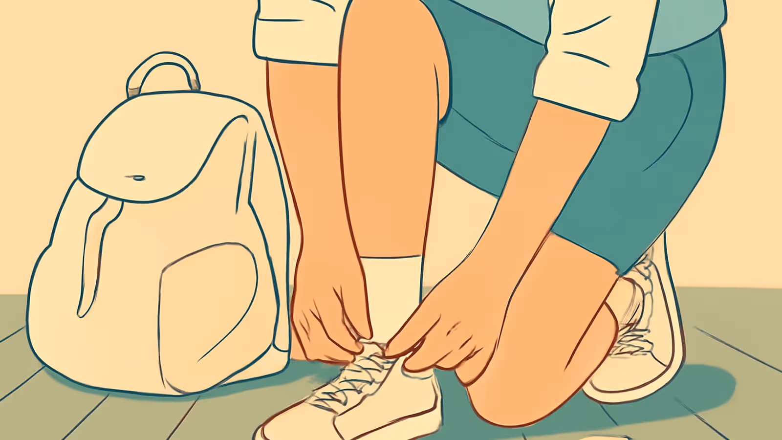 Ilustração vetorial plana de uma pessoa agachada para amarrar os cadarços de um tênis branco, com uma mochila creme ao seu lado em um piso de madeira.