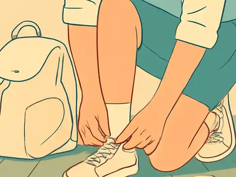 Flat vector illustration of a person crouching to tie the laces of a white sneaker, with a cream backpack standing on a wooden floor beside them.