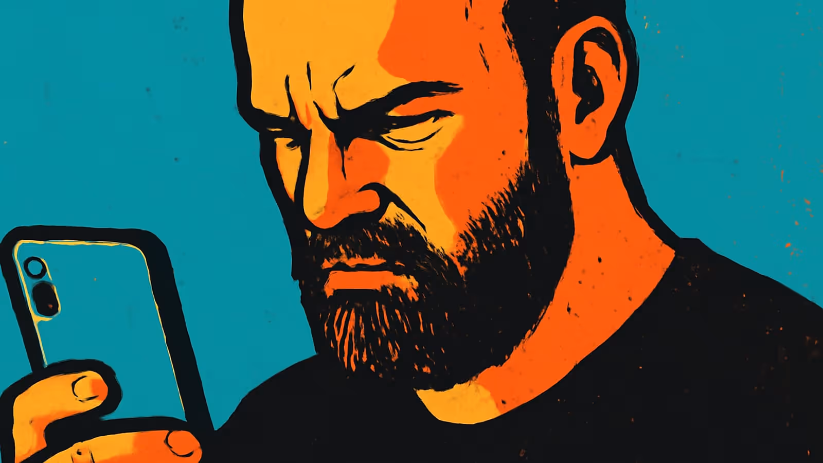 Pop-art illustration of a bearded man frowning down at the phone he is holding up in front of him.