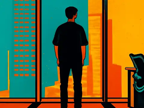 Pop-art illustration of a person standing in silhouette at a floor-to-ceiling office window, facing a city skyline.