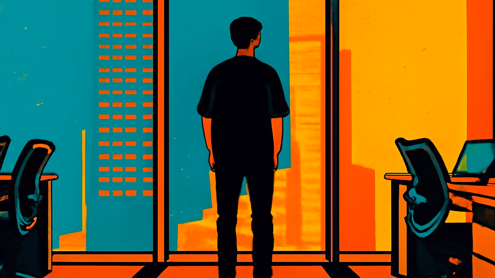 Pop-art illustration of a person standing in silhouette at a floor-to-ceiling office window, facing a city skyline.