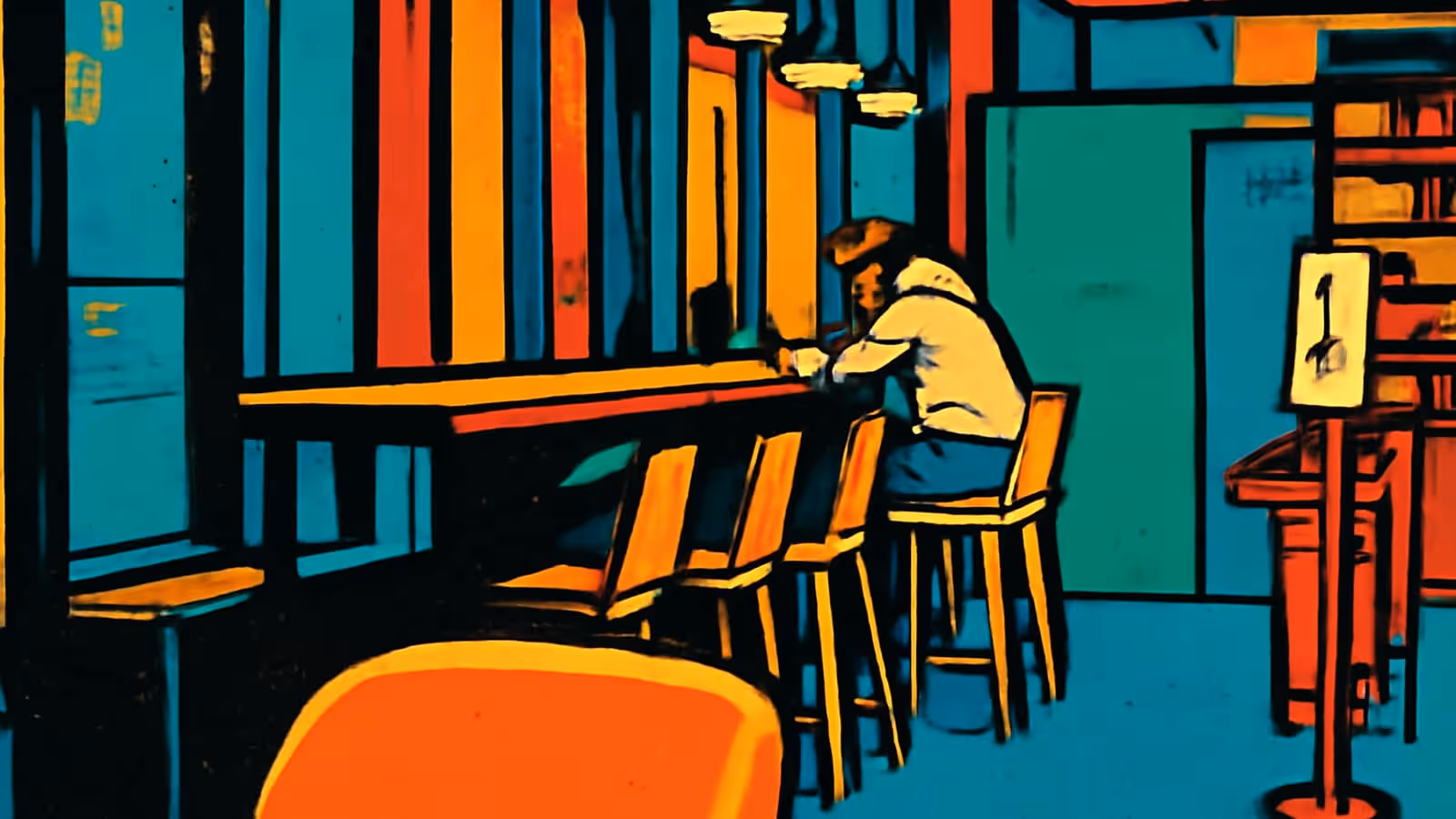 Pop-art illustration of a person sitting alone at a cafe counter with a row of empty stools beside them.