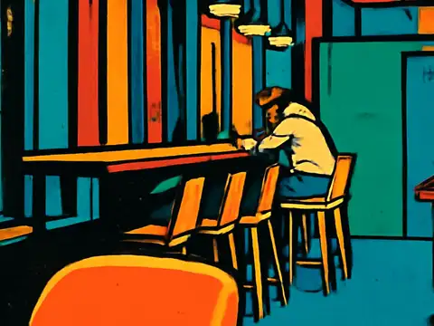 Pop-art illustration of a person sitting alone at a cafe counter with a row of empty stools beside them.