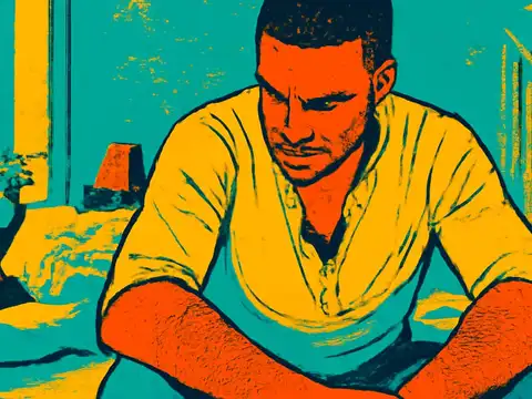 Pop-art illustration of a man in a pale shirt sitting on the edge of a bed with his forearms on his knees, looking down, a bright window behind him.