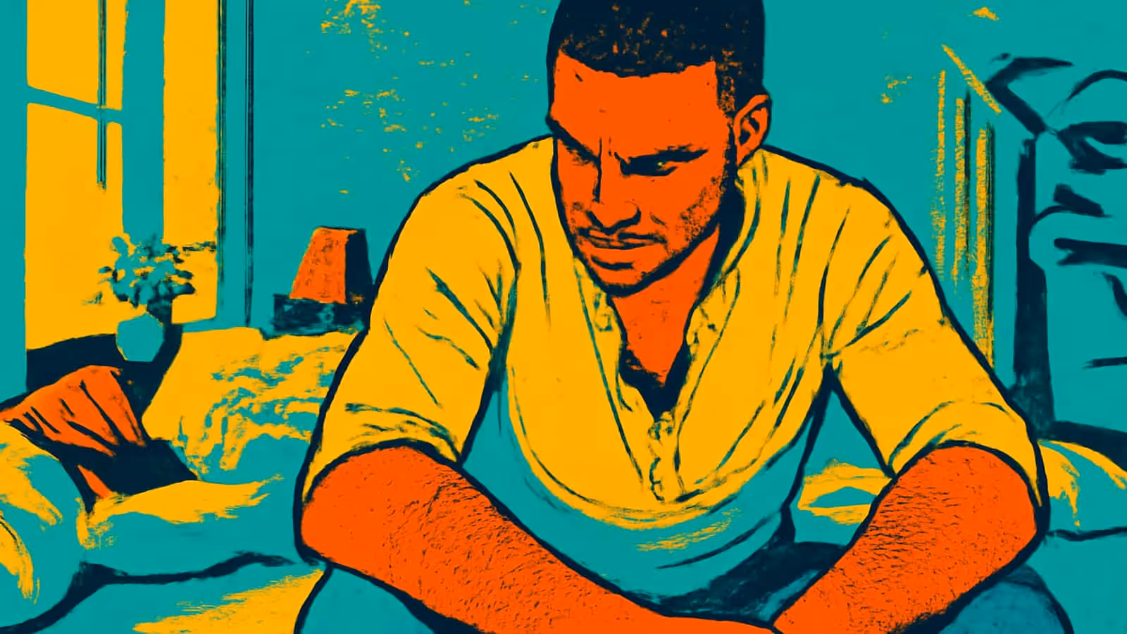 Pop-art illustration of a man in a pale shirt sitting on the edge of a bed with his forearms on his knees, looking down, a bright window behind him.
