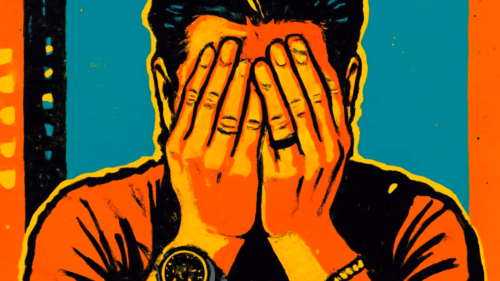A person covering their face with both hands, a watch on one wrist, rendered as a flat orange, yellow and teal illustration.
