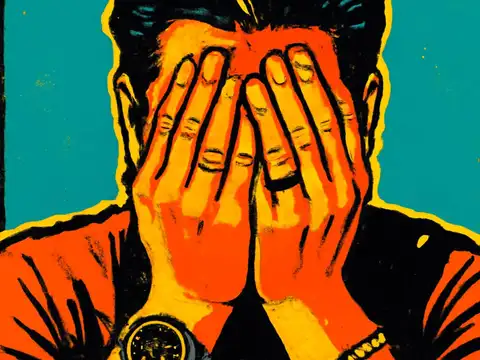 A person covering their face with both hands, a watch on one wrist, rendered as a flat orange, yellow and teal illustration.