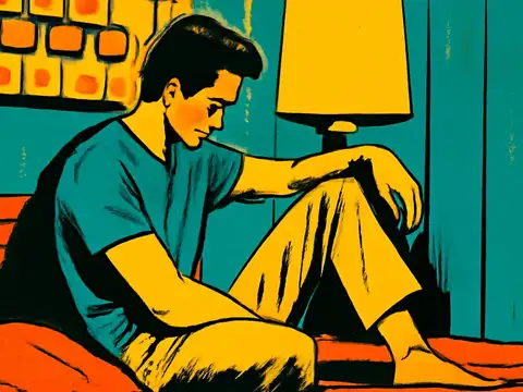 Pop-art illustration of a person sitting on the edge of a bed at night beside a lit lamp, knees drawn up, looking down.