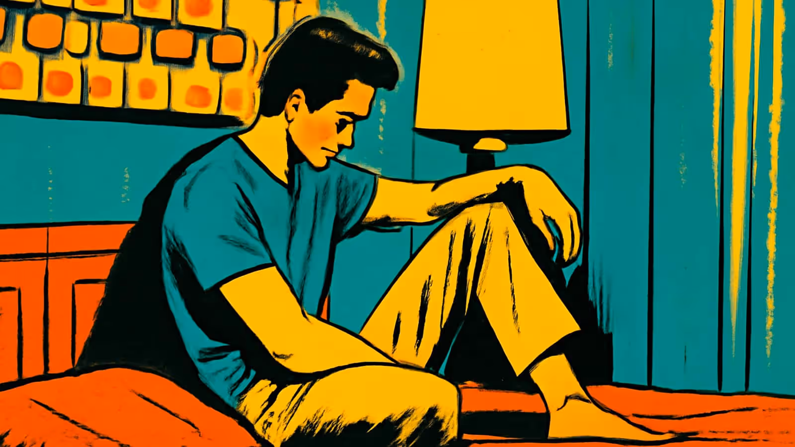 Pop-art illustration of a person sitting on the edge of a bed at night beside a lit lamp, knees drawn up, looking down.